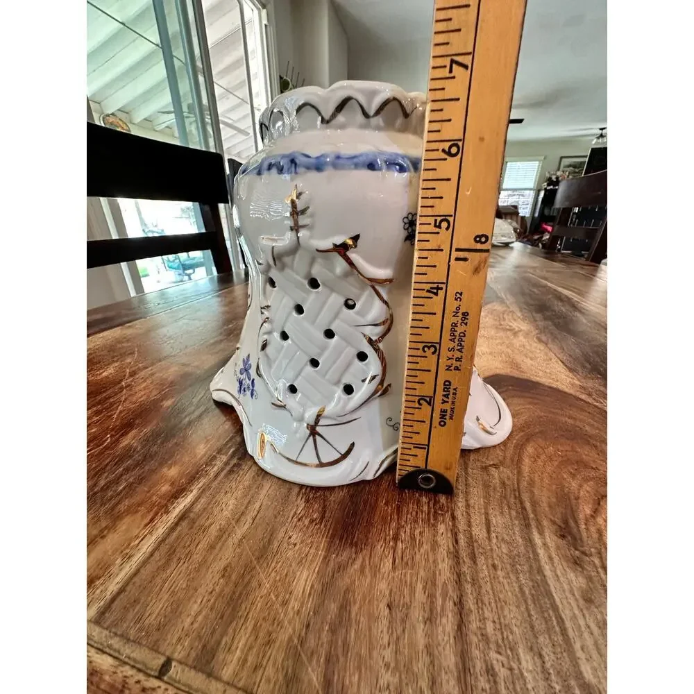 Vintage Tall White Blue Floral Porcelain Candle lamp Cover Cottagecore Victorian